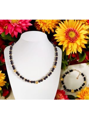 LOVE - Collier et bracelet, onyx noir, coeurs hématite en acier doré, fait main.