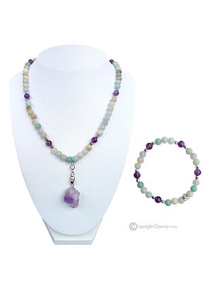 FLEUR - Collier avec bracelet, argent facetté amazonite, améthyste et hématite, fait main.