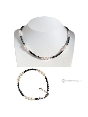 GAIA - Collier avec bracelet en hématite et perles de coquillage compressées blanches, fait main.