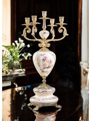 Candélabre artistique en céramique à 5 flammes, décoré de fleurs et d'or, fait main.
