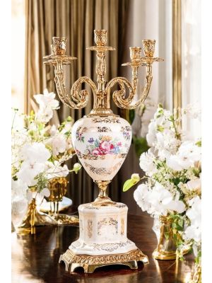 Candélabre 5 flammes en céramique de haute qualité, avec détails floraux et dorés, fait main.