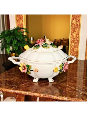 Soupière artistique en céramique de style baroque, décoration florale avec or, faite à la main.