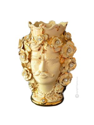TÊTE MÂLE BRUN Cachepot et décoration de table détails artistiques en céramique Cristaux Swarovski couleur or 24 carats