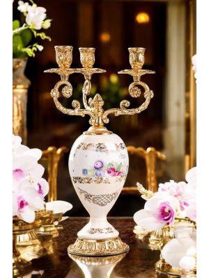 Candélabre 3 flammes en céramique de haute qualité, avec détails floraux et dorés, fait main.