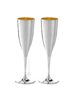 LUNETTES À FLÛTE Ensemble de 2 Gobelets Verres Spécial Or Argenté Fait Main Fabriqué en Italie