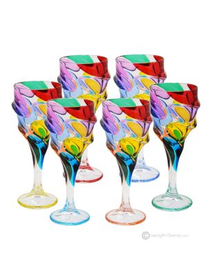 CALYPSO Ensemble de 6 verres à pied authentiques et modernes peints à la main en cristal.