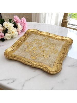 PLATEAU CARRÉ en bois décoré de feuilles d'or, fait et peint à la main à Florence, authentique Made in Italy