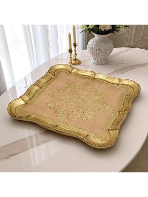 PLATEAU CARRÉ en bois décoré de feuilles d'or, fait et peint à la main à Florence, authentique Made in Italy