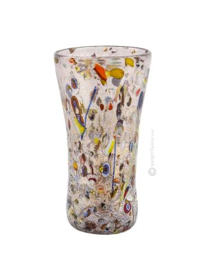 VASE ARLECCHINO authentique verre soufflé de Murano avec Murrine et feuille d'argent 925 fait main Made in Italy
