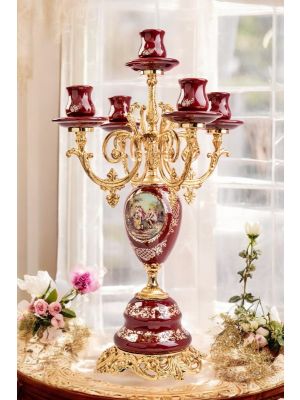 Candélabre à 5 flammes avec dame et chevalier en céramique de qualité, avec décorations dorées, fait main.