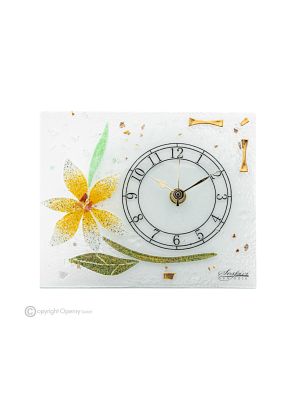 GERBERA - Horloge de table en verre transparent à la feuille d'or 24 carats, design floral, fait main