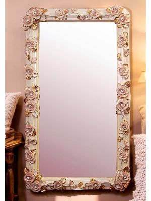Miroir en céramique, décoré de roses, de cristaux Swarovski et de détails dorés, fait à la main.