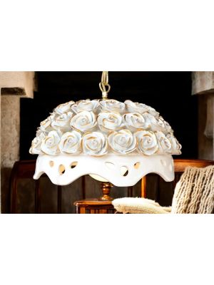 Lampe à suspension, en céramique, décorée de roses, de cristaux Swarovski et d'or.