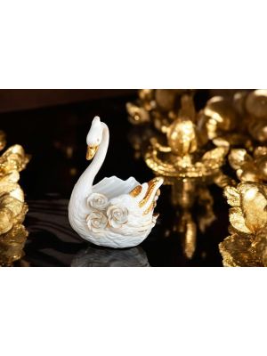 Cygne en céramique de style baroque, décoration de table agrémentée de roses, de cristaux et de détails dorés.