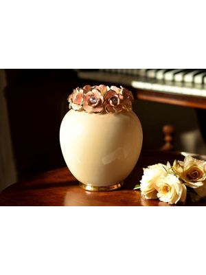Vase décoratif en céramique, avec roses, cristaux Swarovski et détails dorés, fait main.