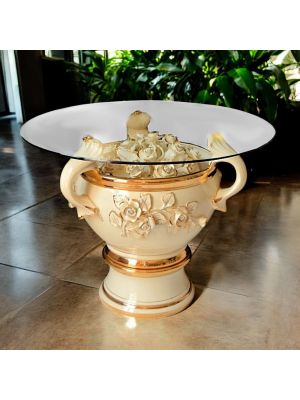 Table prestigieuse en céramique, avec roses, cristaux et détails dorés, faite à la main.