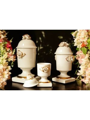 Ensemble de 3 pots en céramique artistique, avec roses, cristaux et détails dorés, faits à la main.