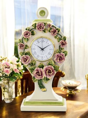 HORLOGE ROSETTE Horloge de table de commode Céramique artistique baroque Or 24 carats Fabriqué en Italie
