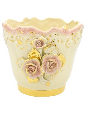 PORTE-POT ROSE 3 Porte-plantes en céramique Créations Artistiques Feuille d'Or 24 carats Fabriqué en Italie