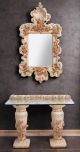 Miroir avec table en céramique, avec roses, cristaux Swarovski et détails dorés.